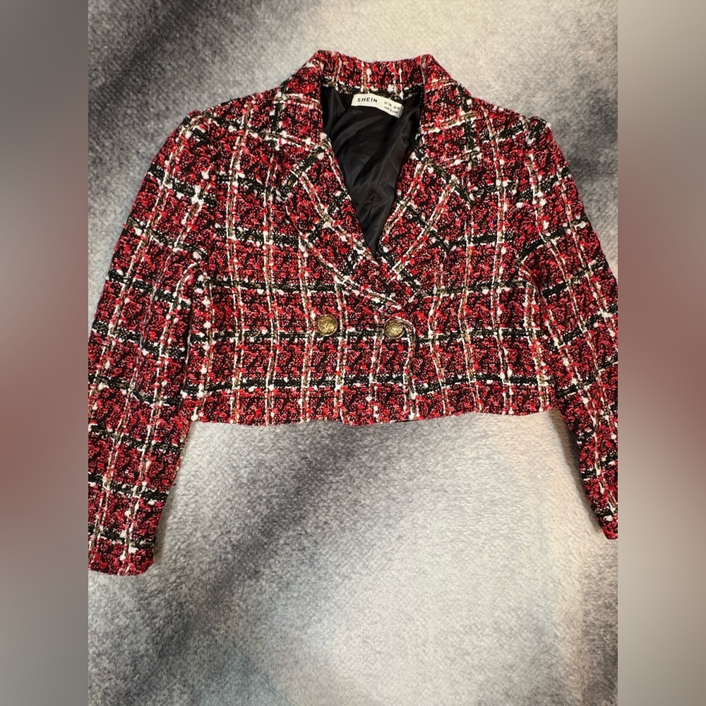 Shein Girls Teen Red Black Plaid Tweed Cropped Gold Button Blazer Jacket 8Y (A1)